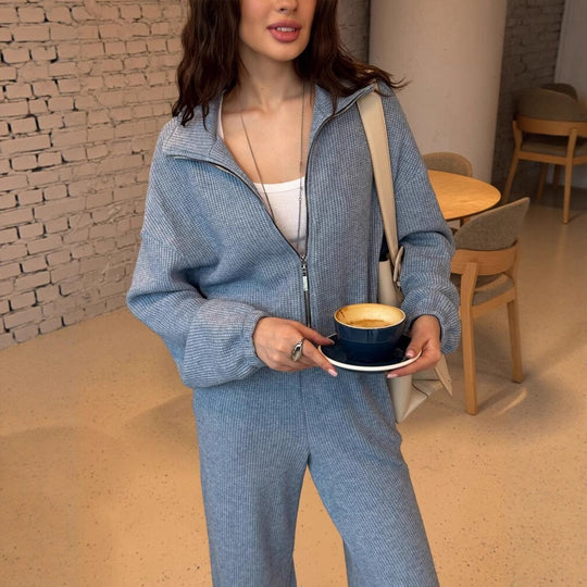 Damen gemütlicher Strick-Jumpsuit mit Reißverschluss, elastischem Taillenbund und weitem Bein Shop Nory