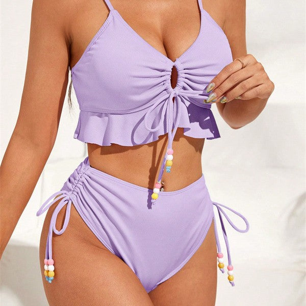 Damen Zweiteiliges Bikiniset mit gerafftem Oberteil und dekorativen Zierbändern