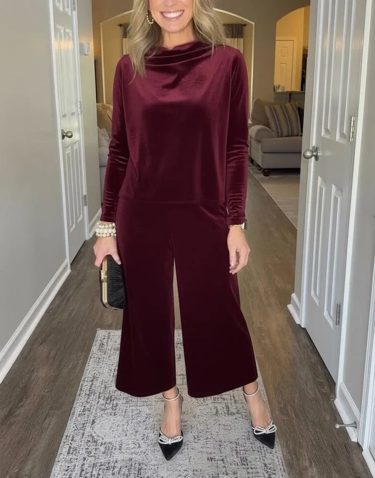 Damen Elegantes Samt-Zweiteiler mit Wasserfallkragen und weiter Culotte-Hose Shop Nory