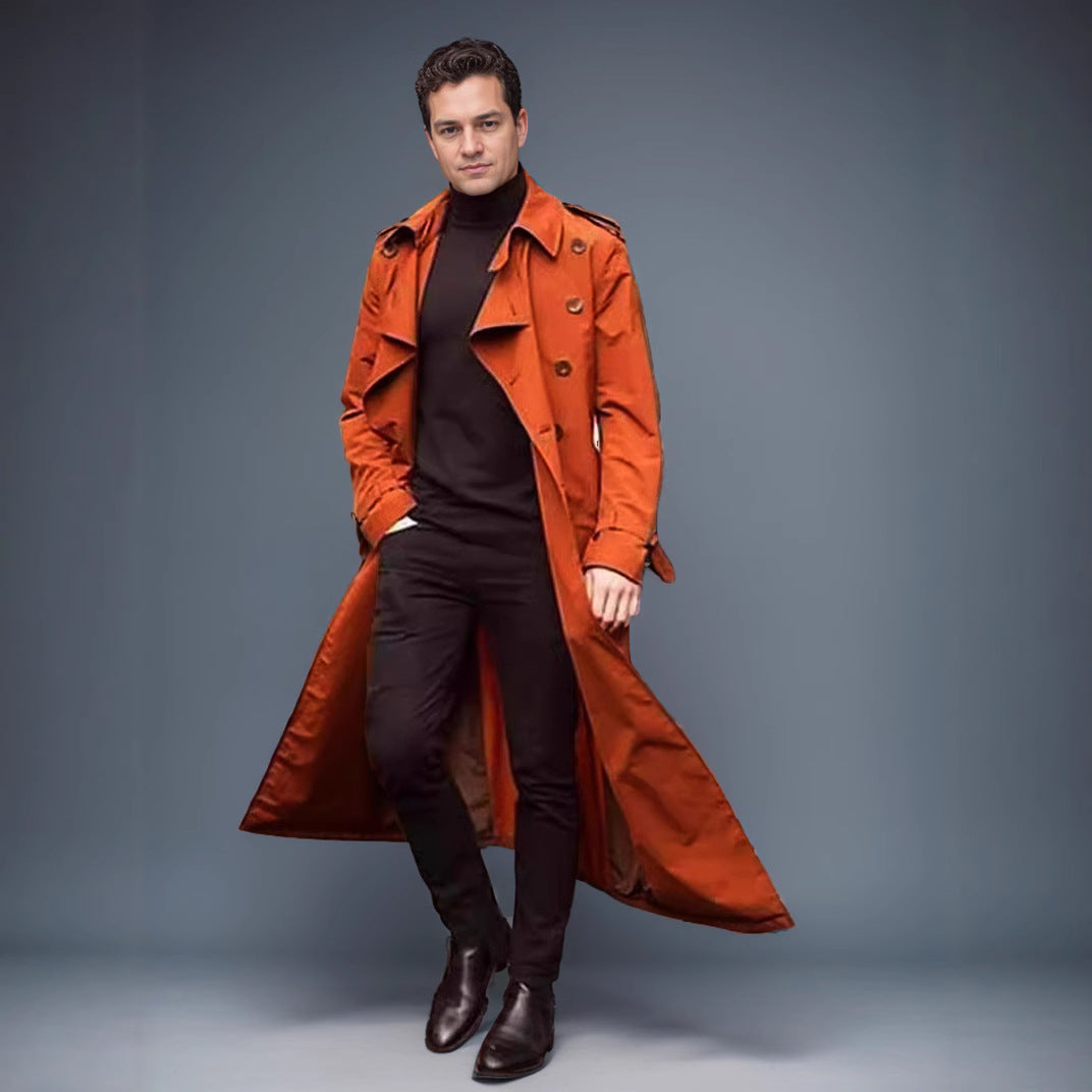 Herren Wasserabweisender Long-Trenchcoat mit doppelter Knopfleiste, Schulterklappen und verstellbarem Taillengürtel Shop Nory