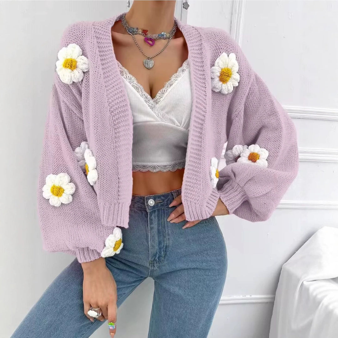 Damen Kurzgeschnittener Grobstrick-Cardigan mit 3D-Blütenapplikationen Shop Nory