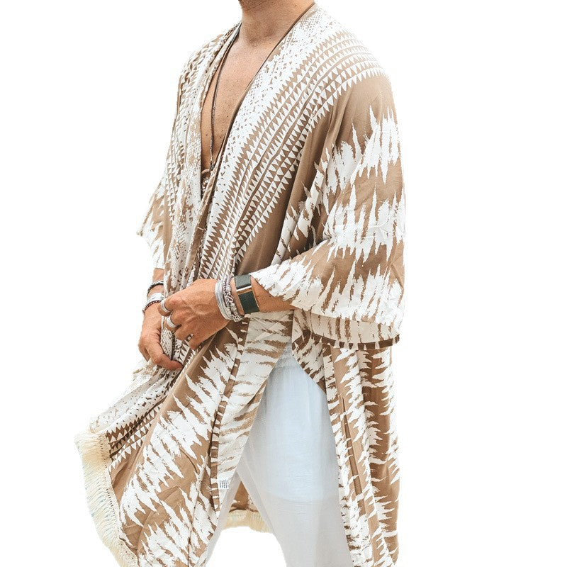 Herren Leichter Ethno-Strandkaftan mit V-Ausschnitt und Fransen Shop Nory