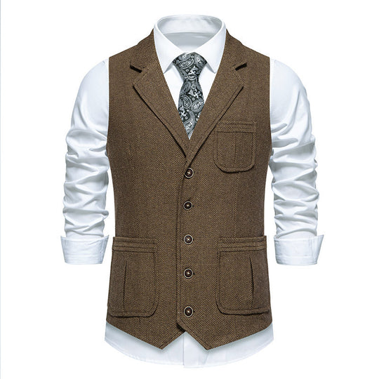 Herren Tweed‑Weste mit Fischgrätmuster, Reverskragen und aufgesetzten Taschen Shop Nory