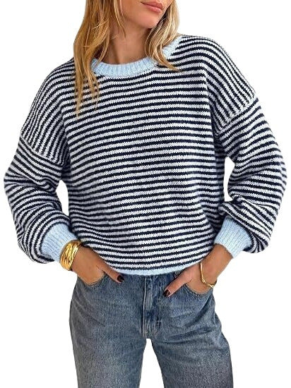 Damen Gestreifter Rippstrick-Pullover mit Kontrast-Bündchen Shop Nory