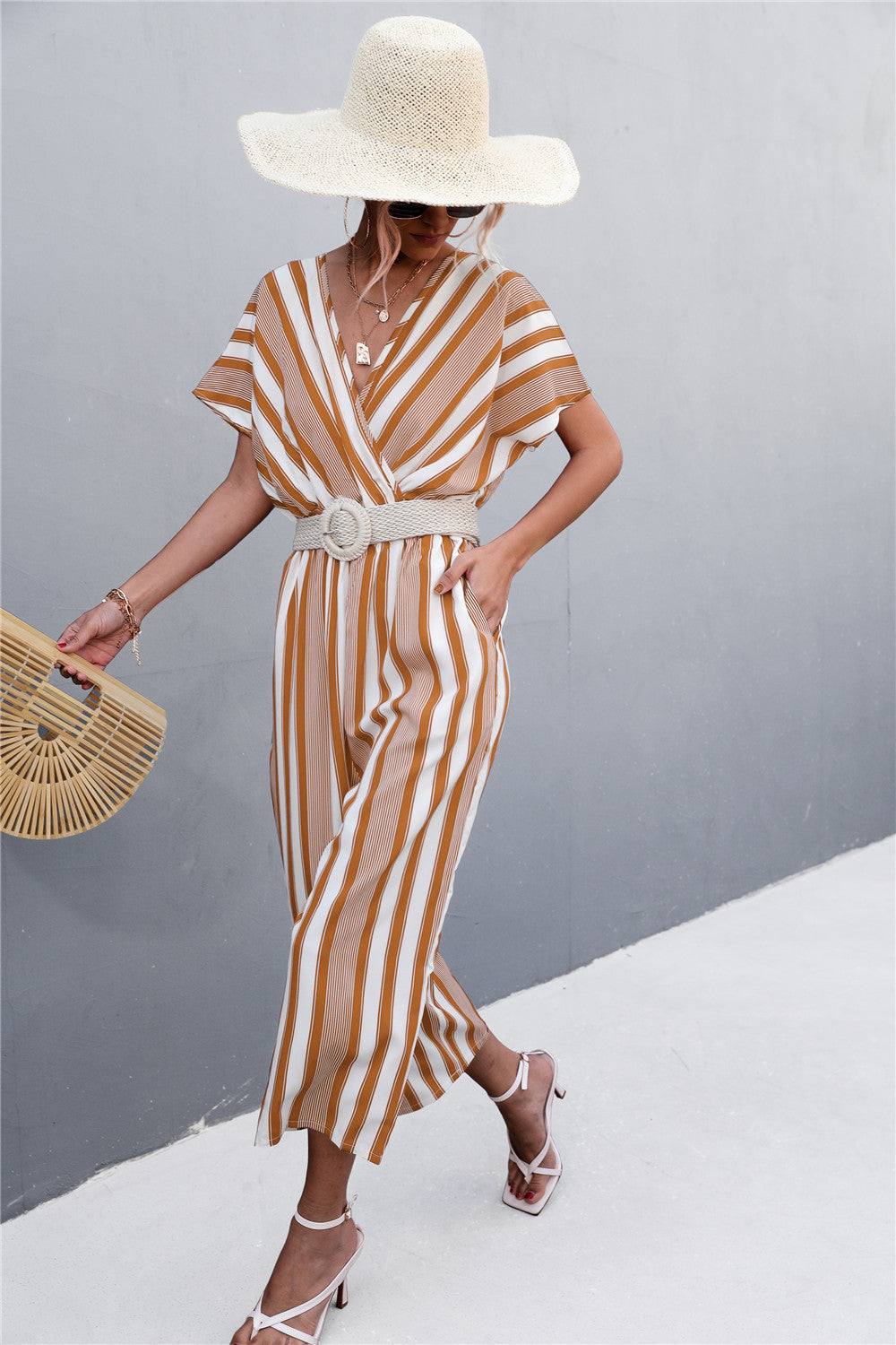 Damen eleganter Jumpsuit mit V-Ausschnitt, breiten Ärmeln und anisstreifendem Design