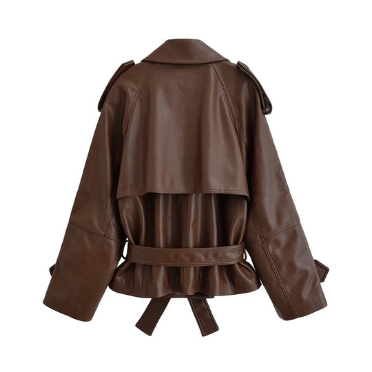 Damen Cropped Doppelreihiger Kunstleder-Trench mit Taillengürtel und Schulterpatten Shop Nory