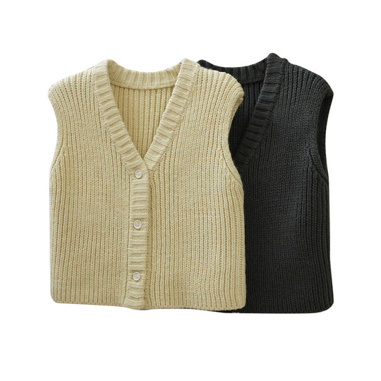 Damen Gerippte Strickweste mit V-Ausschnitt und Knopfverschluss Shop Nory