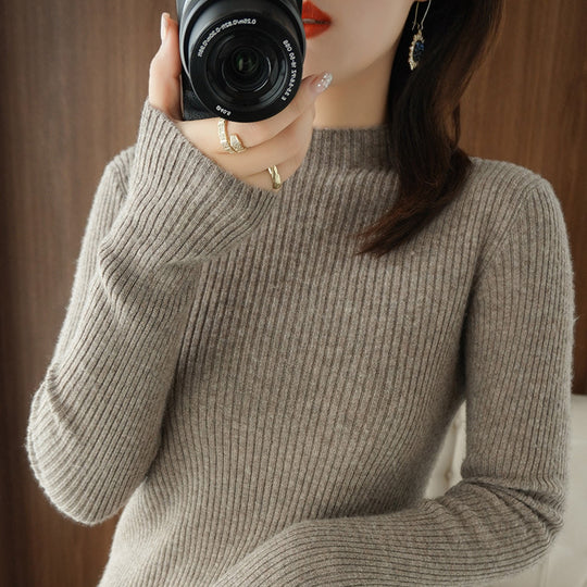 Damen Luxus-Feinstrickpullover mit schmaler Rippenstruktur und kurzem Stehkragen Shop Nory