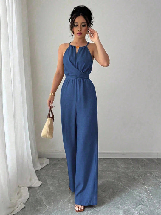 Damen Ärmelloser Neckholder-Jumpsuit mit Wickeloberteil und weitem Bein Shop Nory