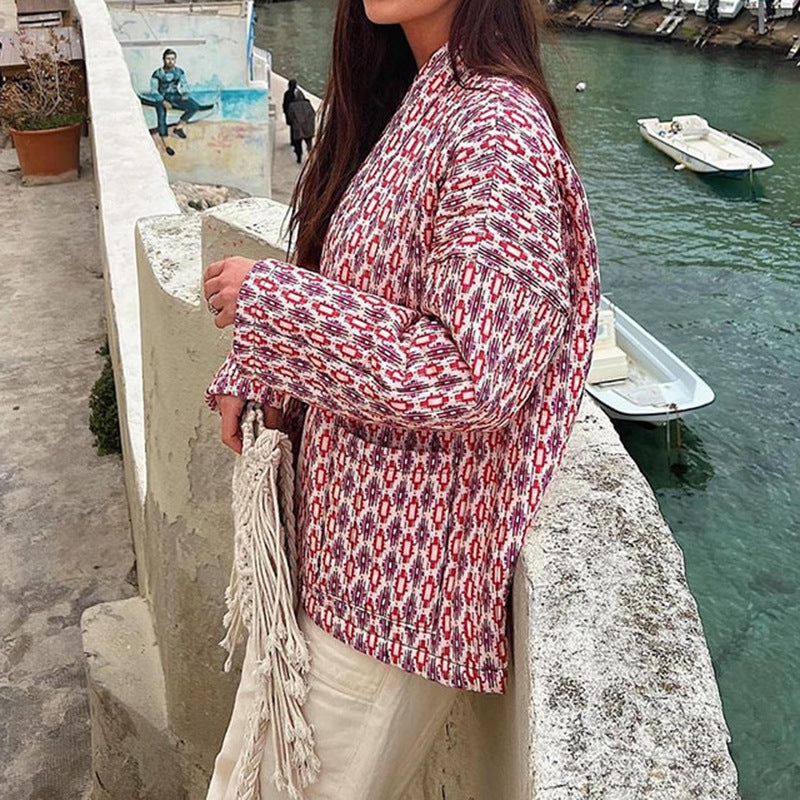 Damen Gemusterte Kimono-Steppjacke mit offener Front und aufgesetzten Taschen Shop Nory