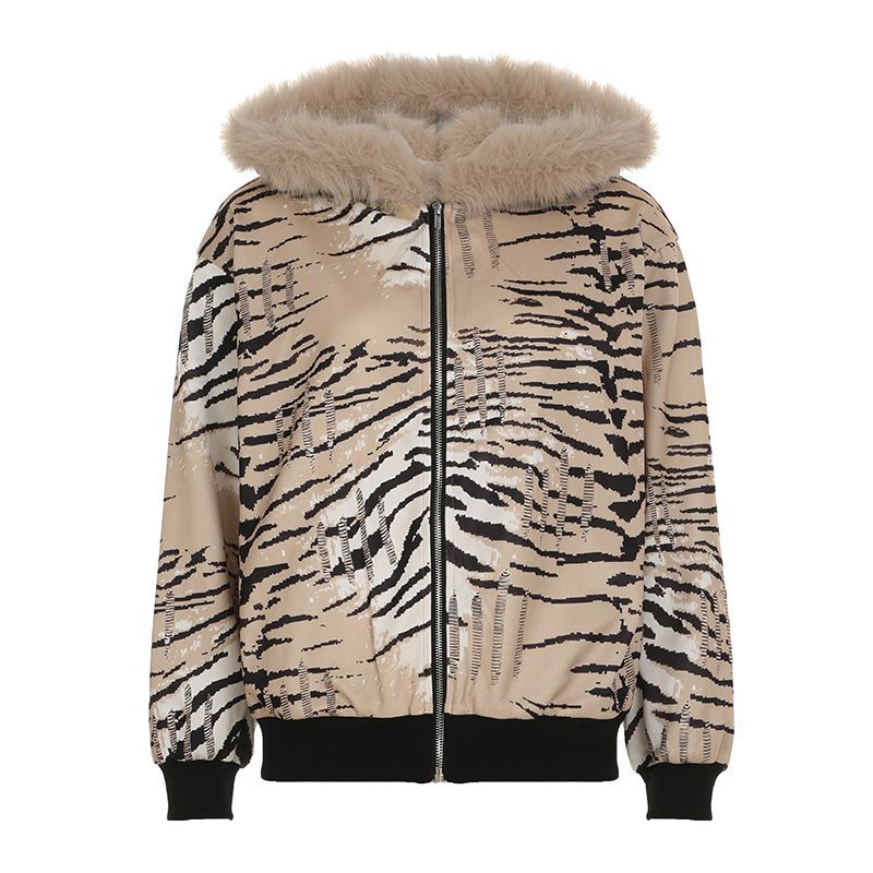 Damen nan bedruckte Bomberjacke mit Kapuze und Kunstfellkragen, elastischen Bündchen und durchgehendem Reißverschluss Shop Nory