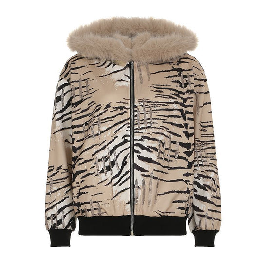 Damen nan bedruckte Bomberjacke mit Kapuze und Kunstfellkragen, elastischen Bündchen und durchgehendem Reißverschluss Shop Nory