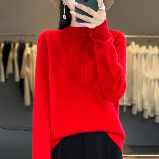Damen Lockerer Mohair‑Blend Pullover mit strukturierter V‑Paneel und Stehkragen Shop Nory