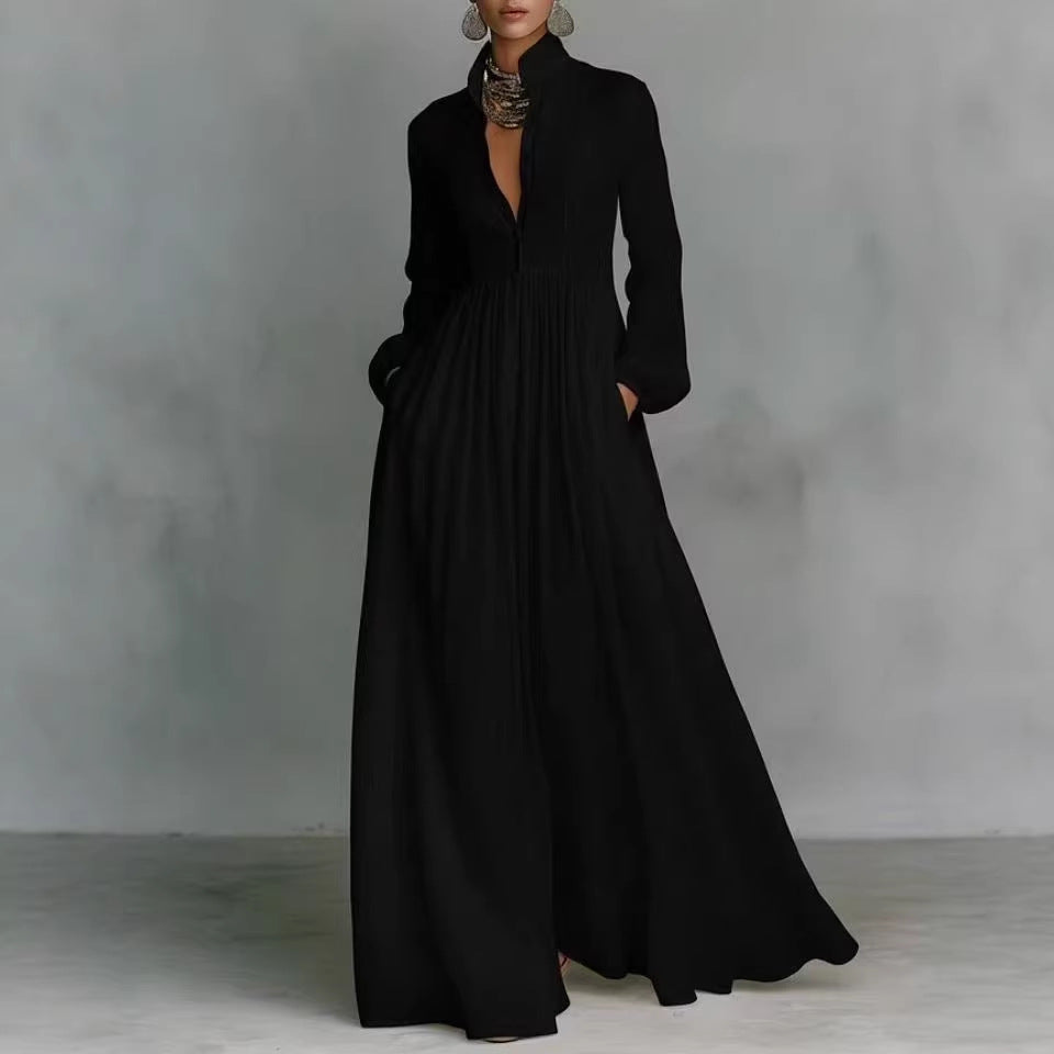 Damen Maxikleid mit Stehkragen, Knopfleiste und seitlichen Taschen Shop Nory
