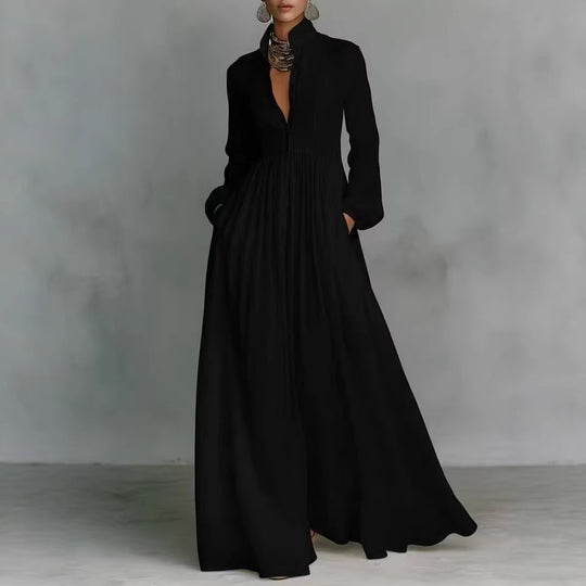 Damen Maxikleid mit Stehkragen, Knopfleiste und seitlichen Taschen Shop Nory