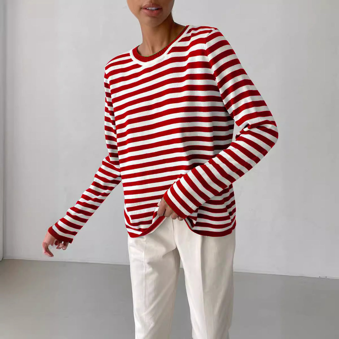 Damen nan gestreifter Baumwollpullover mit Rundhals und legerer Passform Shop Nory