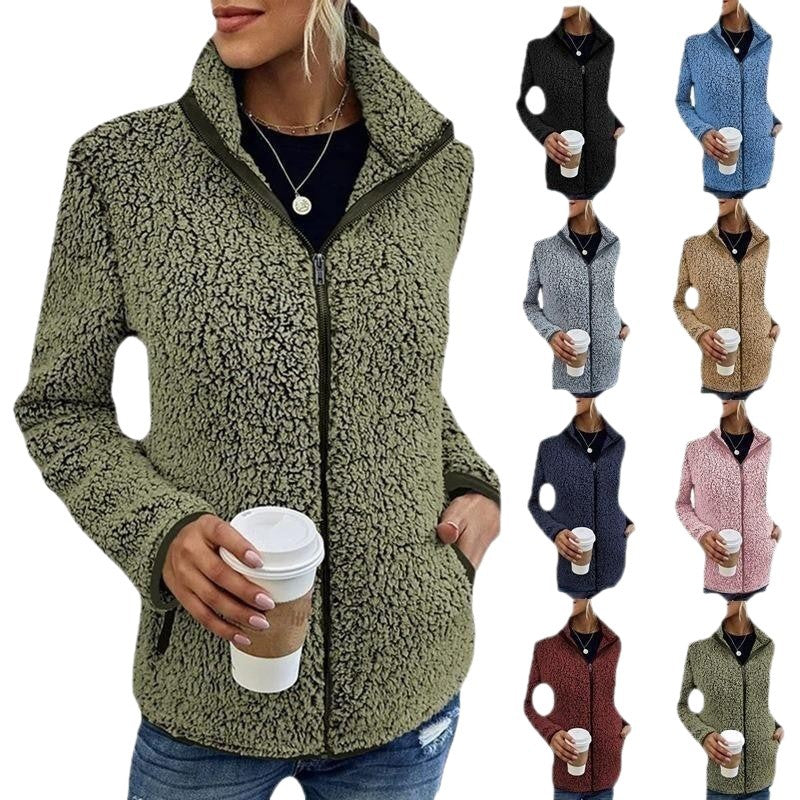 Damen kuschelige Teddy-Fleecejacke mit Stehkragen und Reißverschluss Shop Nory