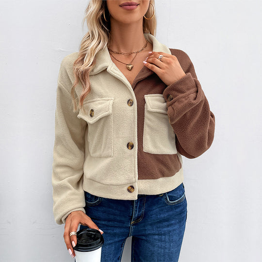 Damen Gekürzte Teddyjacke mit farbblockierten Ärmeln und Brusttaschen Shop Nory