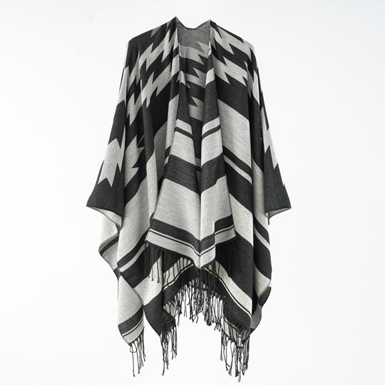 Damen Langer Reversfreier Webponcho im Umhangstil mit dezentem Zackenmuster und Fransensaum Shop Nory