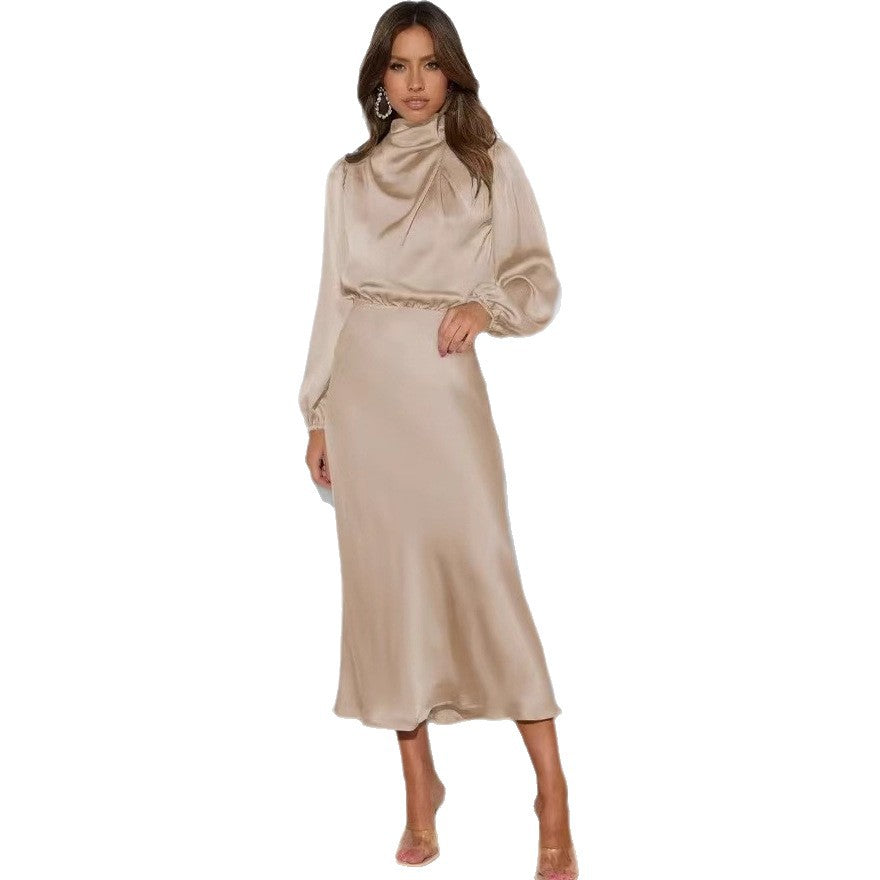 Damen Elegantes Satin-Midikleid mit Stehkragen, Blouson-Oberteil und fließendem Rock Shop Nory