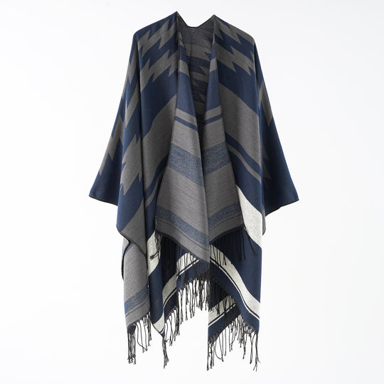 Damen Langer Reversfreier Webponcho im Umhangstil mit dezentem Zackenmuster und Fransensaum Shop Nory