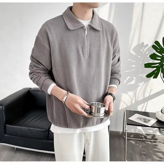 Herren Gerippter Pullover mit Halbreißverschluss und Polokragen Shop Nory
