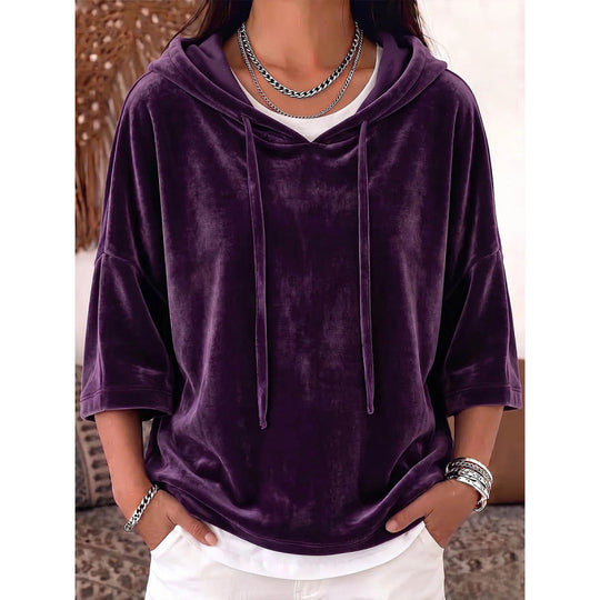Damen Oversize Samt-Halbarm-Hoodie mit Kordelzug und Taschen Shop Nory