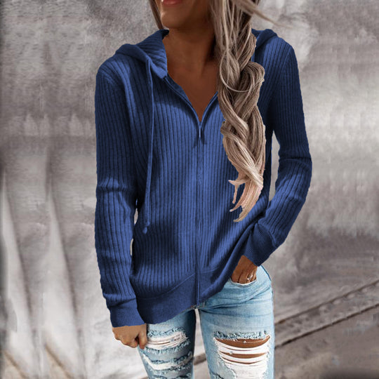 Damen Gerippter Kapuzenpullover mit Reißverschluss und Eingrifftaschen Shop Nory