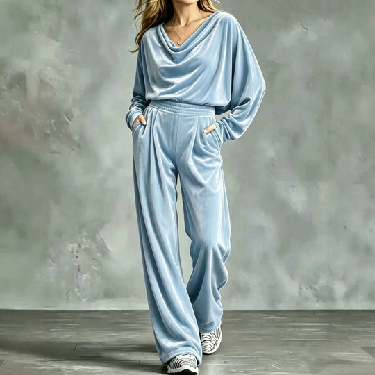 Damen Samt-Loungewear-Set mit Wasserfallkragen, weitem Palazzo-Schnitt und Eingrifftaschen Shop Nory