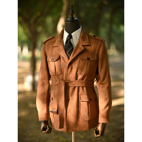 Herren Veloursleder-Safari-Jacke mit Taillengürtel und Pattentaschen Shop Nory
