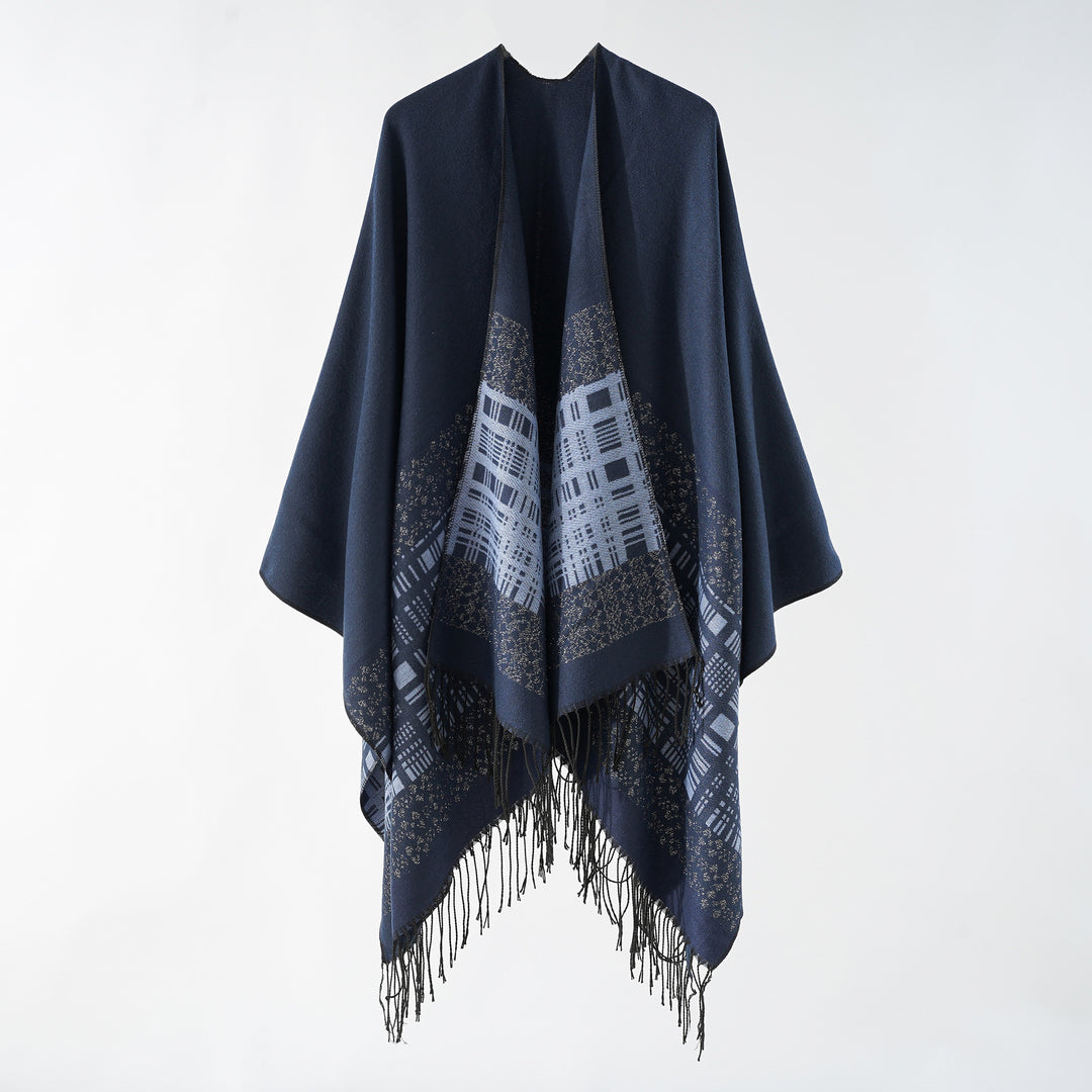 Damen Wollmix-Schulterponcho mit Jacquardmuster und Fransensaum Shop Nory