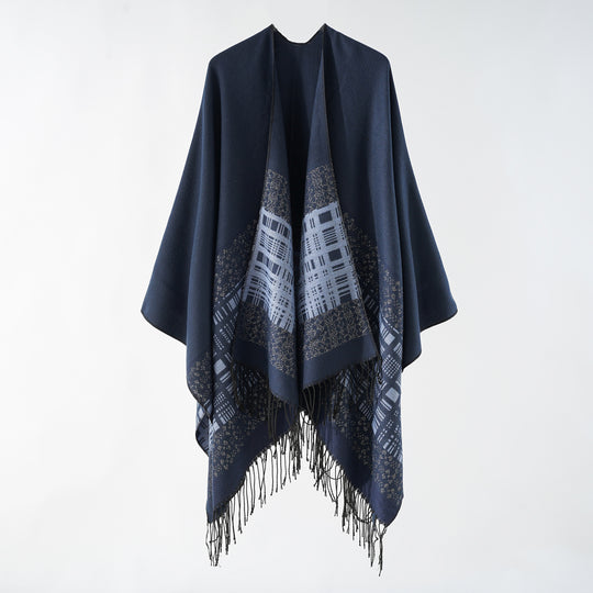 Damen Wollmix-Schulterponcho mit Jacquardmuster und Fransensaum Shop Nory