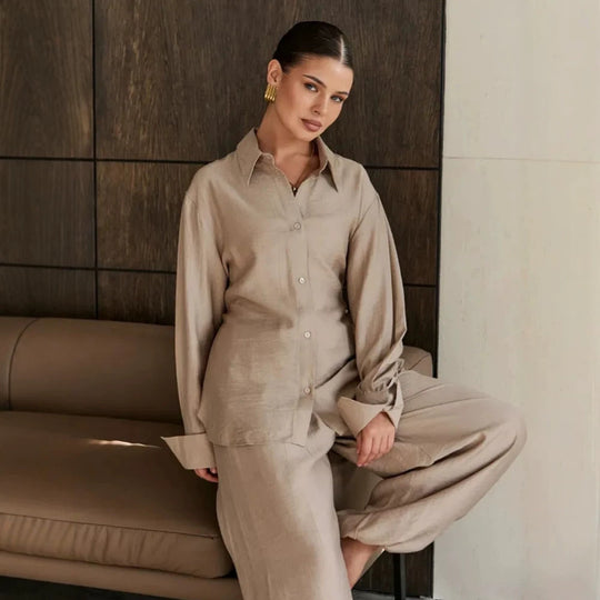 Damen Lässig-elegantes Hemd- und Hosen-Set mit Tunnelzug, Gummibund und weitem Bein Shop Nory