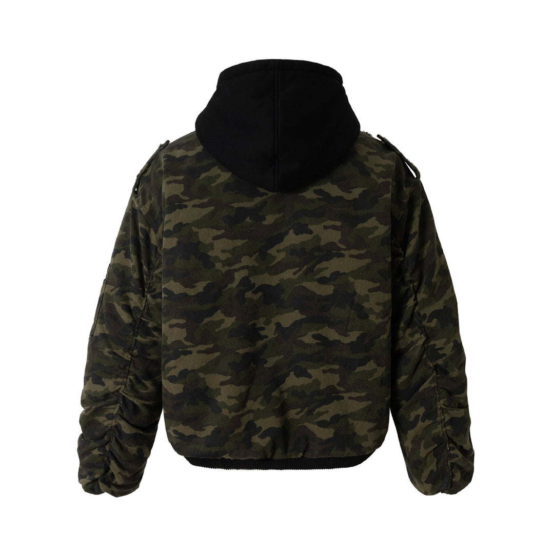 Herren Camouflage Utility-Bomberjacke mit Kapuze, Distressed‑Details und Hakenverschluss Shop Nory