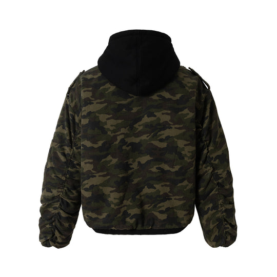 Herren Camouflage Utility-Bomberjacke mit Kapuze, Distressed‑Details und Hakenverschluss Shop Nory