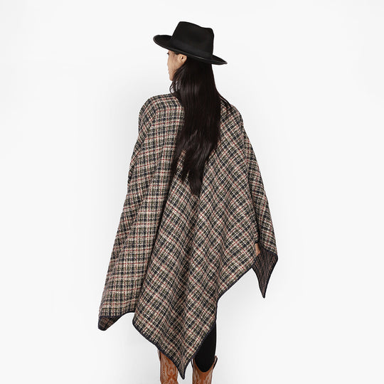 Damen Bouclé-Tweed Cape-Poncho mit V-Ausschnitt und kontrastierter Einfassung Shop Nory