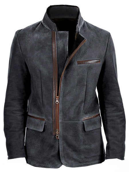 Herren Veloursleder-Fieldjacke im Fliegerstil mit Stehkragen, asymmetrischem beidseitig öffnendem Reißverschluss und kontrastierenden Lederbesätzen Shop Nory