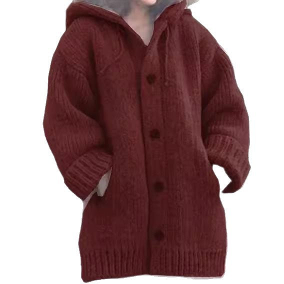 Damen weit geschnittener Kapuzen-Strickmantel mit Knopfleiste und Eingrifftaschen Shop Nory