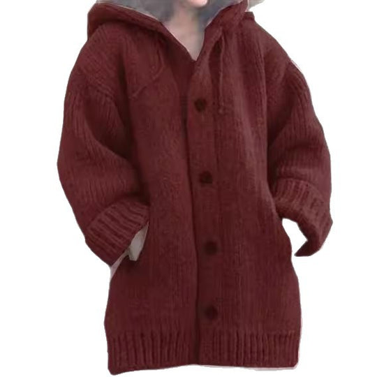 Damen weit geschnittener Kapuzen-Strickmantel mit Knopfleiste und Eingrifftaschen Shop Nory