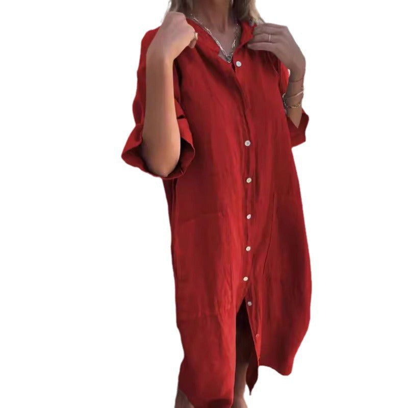 Lässiges Baumwoll-Leinen Shirtkleid mit Dreiviertelärmeln