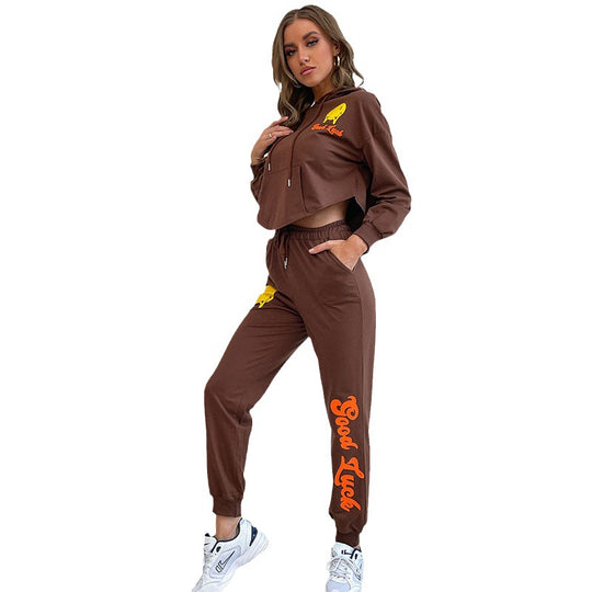 Damen Cropped Kapuzenpullover- und Jogginghose-Set mit Smiley-Print Shop Nory