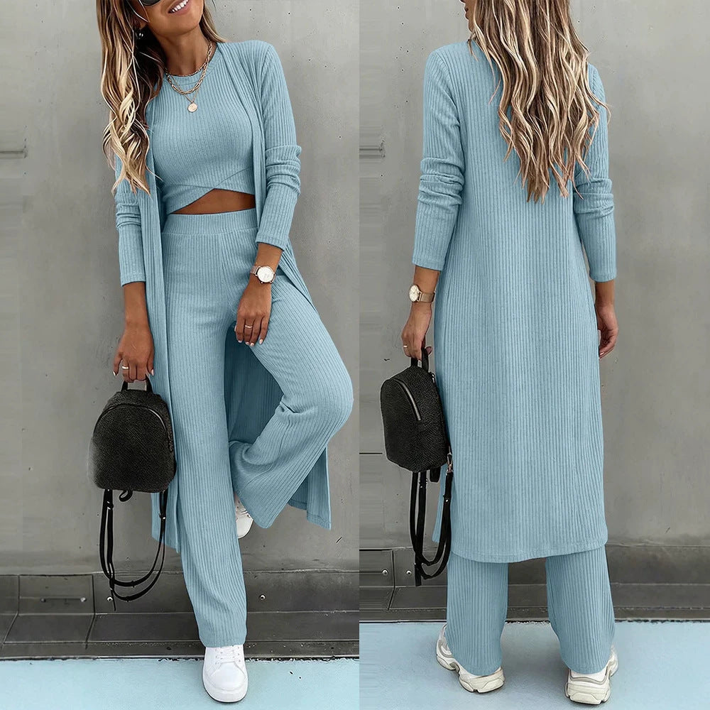 Damen Dreiteiliges Rippstrick-Loungewear-Set mit Longcardigan, bauchfreiem Top und weiter Palazzohose Shop Nory
