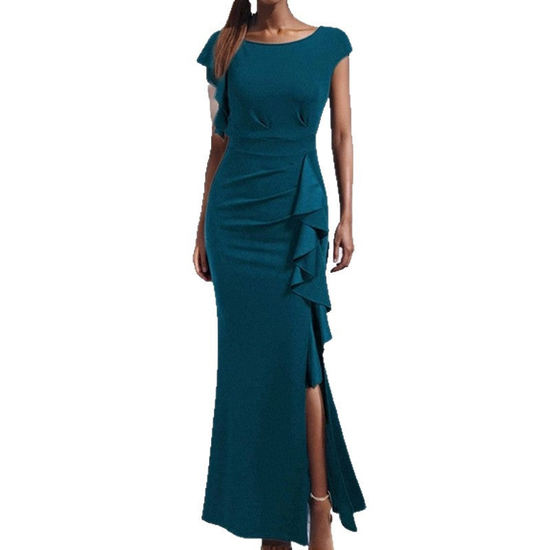 Damen elegantes Maxikleid mit Rüschendetails und seitlichem Schlitz