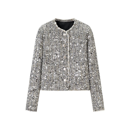 Damen Kurzjacke im Bouclé‑Stil mit Paillettenbesatz und Perlmuttknöpfen Shop Nory
