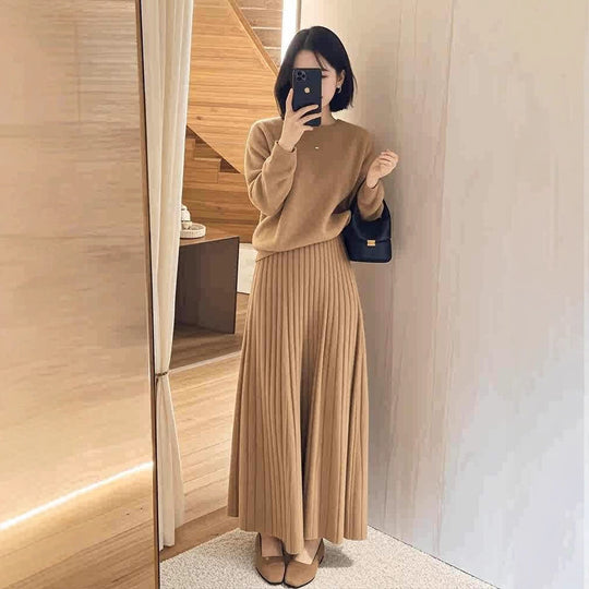 Damen Oversize-Strickpullover und plissierter Maxi-Rock Set Shop Nory