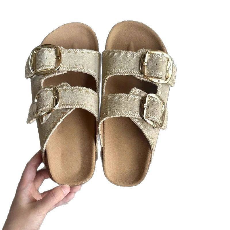 Damen Comfort-Sandalen mit zweifachen verstellbaren Riemen, gepolstertem anatomischem Fußbett und goldener Metallschnalle Shop Nory