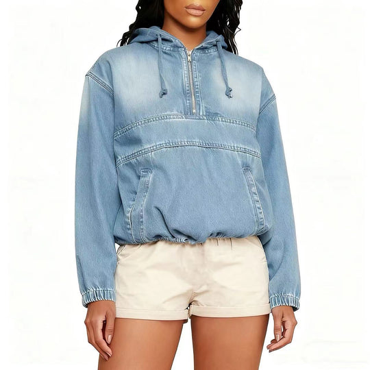 Damen Oversize Jeans-Hoodie mit halbem Reißverschluss, Kängurutasche und elastischem Saum Shop Nory