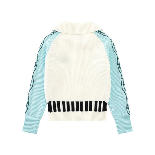 Damen Strickjacke mit Kontrastärmeln, Musikalischer Stickerei und Polokragen Shop Nory