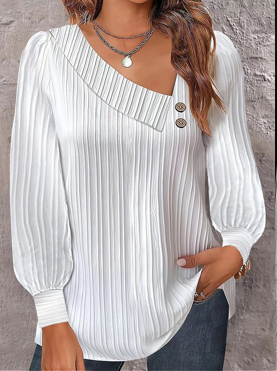 Damen Plissee-Bluse mit asymmetrischem Ausschnitt und Knopf-Details