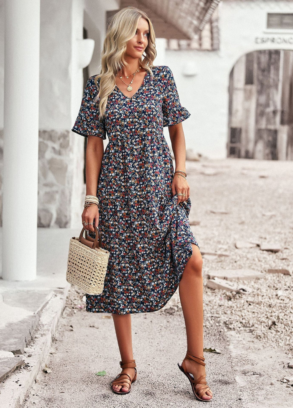 Damen Midi-Kleid mit Floralem Muster und Verspieltem V-Ausschnitt